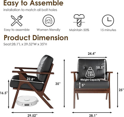 STHOUYN Black Leather Office Accent Chair Set of 2, Office Lounge Chair with Wooden Arms, Mid Century Modern Chair, Side Arm Chairs for Living Room, Comfy Guest Waiting Room Chairs (2, Black)