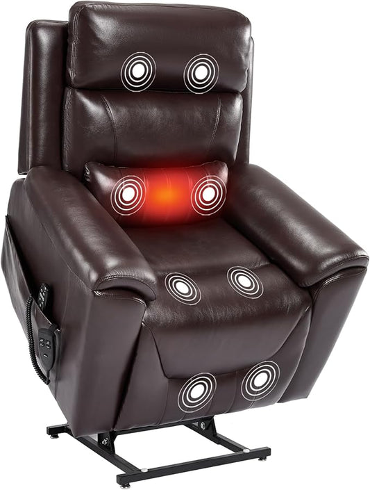 PELUMY Power Lift Recliner Chair for Elderly with Massage and Heat, Dual Motor Heavy Duty 350lbs Recliner, 8-Point Vibration & Lumbar Heating, Electric Lift Chair (Breathable Leather, Dark Brown)