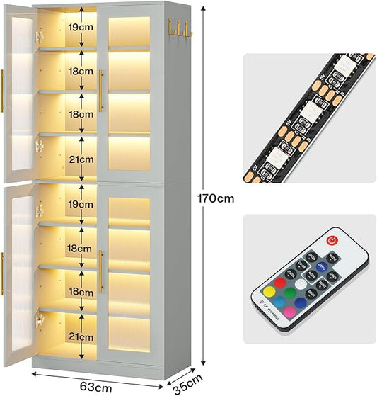 Tribesigns Tall Shoe Cabinet with Acrylic Doors and LED Lights, 8-Tier Shoe Organizer Storage Rack with Adjustable Shelves and Hanging Hooks for Narrow Closet, Hallway, Living Room, Gray (Set of 2)