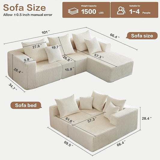 Cloud Couch Sectional, 101 Inch Modular Sectional Sofa with Deep Seat, Compressed Memory Foam Sofa in a Box, Beige Corduroy Boneless Couches for Living Room, No Assembly Required
