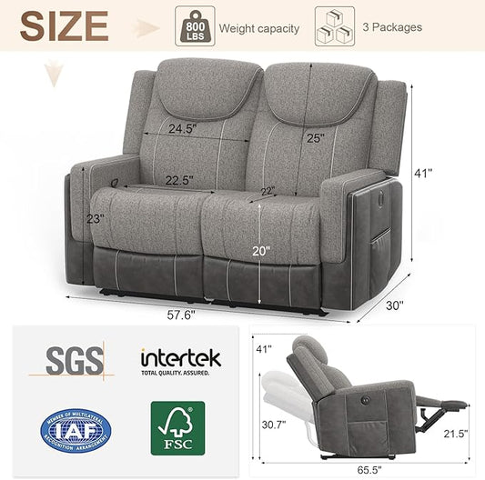 Manual Loveseat Recliner Sofa, Grey Fabric & Chocolate Leather 2-Seater Couch with USB Ports, Split Back, Wall Hugger RV Furniture, Modern Reclining Loveseat for Living Room