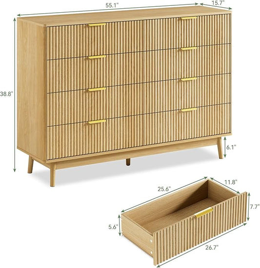 LYNSOM Fluted 8 Drawer Dresser for Bedroom, 55" Wide Modern Chest of Drawers with Curved Profile Design and Metal Handles, Wood Dresser TV Stand & Storage Organizer for Bedroom, Hallway, Oak