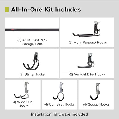 Rubbermaid 24-Piece FastTrack Garage Wall-Mounted Storage Kit, 6 Rails and 18 Hooks, Black, for Home/House/Tool/Sports/Equipment/Utility Purposes