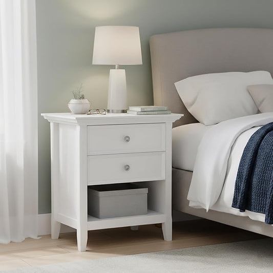 SIMPLIHOME Amherst Bedside Table - 24 inch Wide Solid Wood Nightstand Table in White, Transitional Bedroom Side or End Table with 2 Drawers, Open Storage Shelf and Bronze Hardware