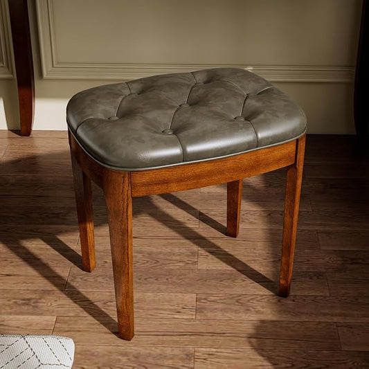 MODERION Vanity Bench Stool with Upholstered, Modern Luxury Wood Stool,Ottoman Shoe Bench for Living Room, Vanity, Entryway, 19.3" L x 14.9" W x 19.3" H Easy Assembly, Beeswax Leg & Gray FD-HNY-GY