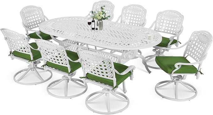MEETWARM 9-Piece Outdoor Patio Dining Set, All-Weather Cast Aluminum Patio Conversation Set with 8 Cushioned Swivel Rocker Chairs for Backyard Garden Deck, 1 Oval Table, 2" Umbrella Hole, White