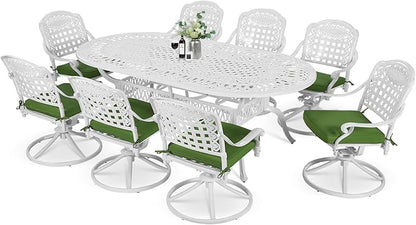 MEETWARM 9-Piece Outdoor Patio Dining Set, All-Weather Cast Aluminum Patio Conversation Set with 8 Cushioned Swivel Rocker Chairs for Backyard Garden Deck, 1 Oval Table, 2" Umbrella Hole, White