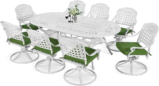 MEETWARM 9-Piece Outdoor Patio Dining Set, All-Weather Cast Aluminum Patio Conversation Set with 8 Cushioned Swivel Rocker Chairs for Backyard Garden Deck, 1 Oval Table, 2" Umbrella Hole, White
