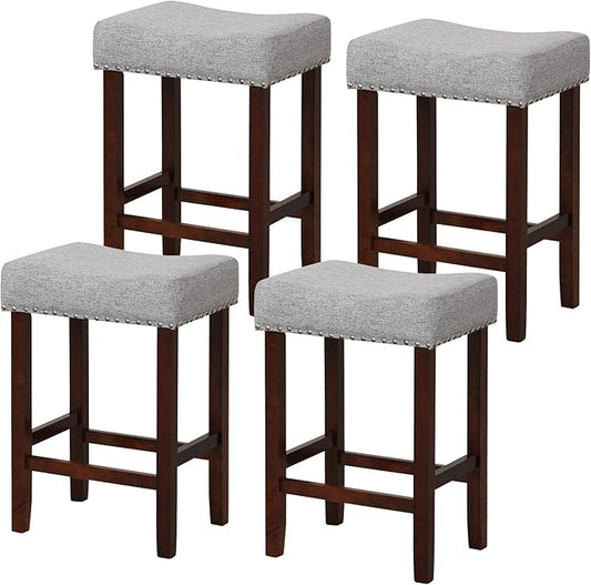 COSTWAY Counter Height Bar Stools Set of 4, 25-inch Backless Saddle Stools with Nailhead Trim, Rubber Wood Frame, Footrest, Max Load 330 Lbs, Upholstered Barstools for Kitchen Island Pub, Grey