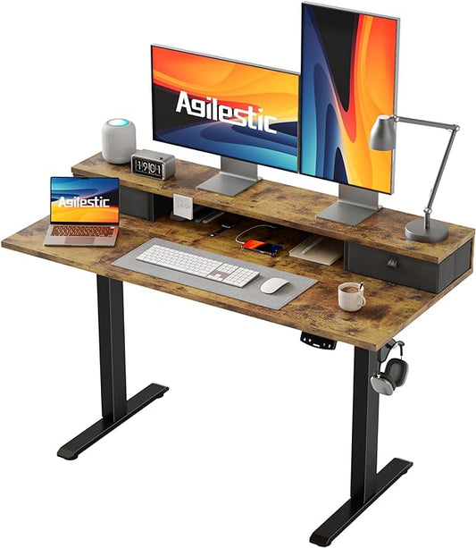 Agilestic Electric Standing Desk with 2 Drawers, 48 x 23 Inches Height Adjustable Desk, 2 Fabric Drawers, Rustic Brown