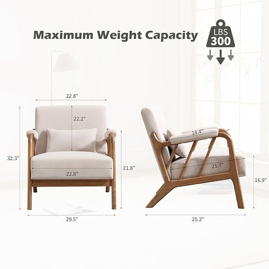 Mid Century Modern Accent Chair with Solid Wood Frame, Upholstered Living Room Chairs with Lumbar Cushion Padded Arms, Reading Armchair for Bedroom Set of 2, Beige