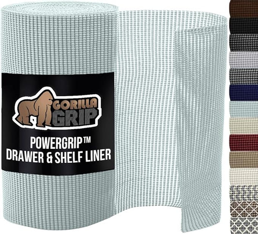 GORILLA GRIP powerGRIP Drawer Shelf and Cabinet Liner, Thick Strong Hold, Non-Adhesive Liners Protect Kitchen Cabinets and Cupboard, Bathroom Drawers, Easy Install, Breathable Mat, 12" x20', Spa Blue
