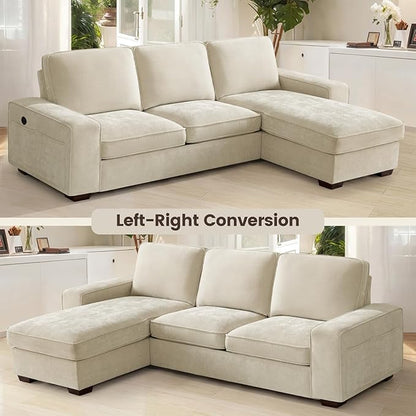 PARKOL 99" L-Shaped Sectional Couch with Storage, Sofa with Reversible Chaise, USB Type-C Charging, Chenille Fabric, Removable Cushion Covers, for Small Space, Apartment, Living Room, Beige