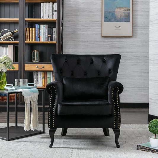 Accent Reading Arm Chairs Set of 2 for Living Room Bedroom, Midcentury Modern Comfy Corner Sofa Chair, Wingback Waiting Room Club Chair with Button Tufted Back &Lumbar Pillow, Velvet Black