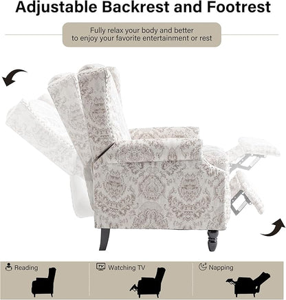 Recliner Chair, Upholstered Wingback Floral Pushback Armchair with Adjustable Backrest & Footrest, Comfy Accent Chair Reading Single Sofa for Small Spaces, Living Room, Bedroom (Beige, Set of 1)