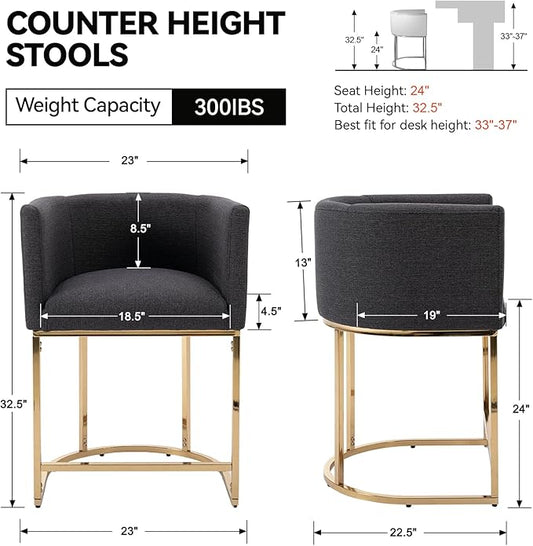 Linen Bar Stools Set of 3, 24" Contemporary Upholstered Fabric Counter Height Bar Stools Kitchen Counter Island Stools Barstools with Golden Metal Base, Charcoal