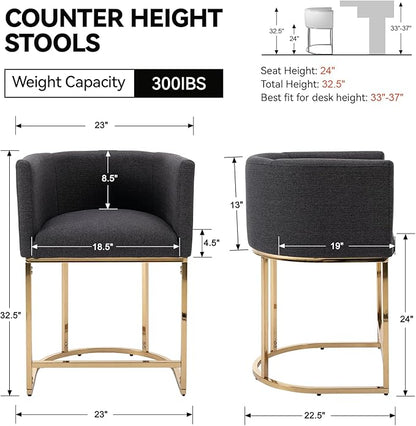 Contemporary Charcoal Linen Bar Stools Set of 4, 24" Upholstered Fabric Counter Height Barstools Kitchen Counter Island Stools with Screwed Together Golden Metal Base