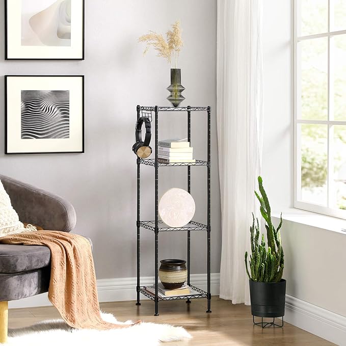 SONGMICS 4-Tier Bathroom Shelf, Storage Rack for Small Space, with 4 PP Shelf Liners, Removable Hook, Extendable Design, Ink Black and Translucent ULGR104B01