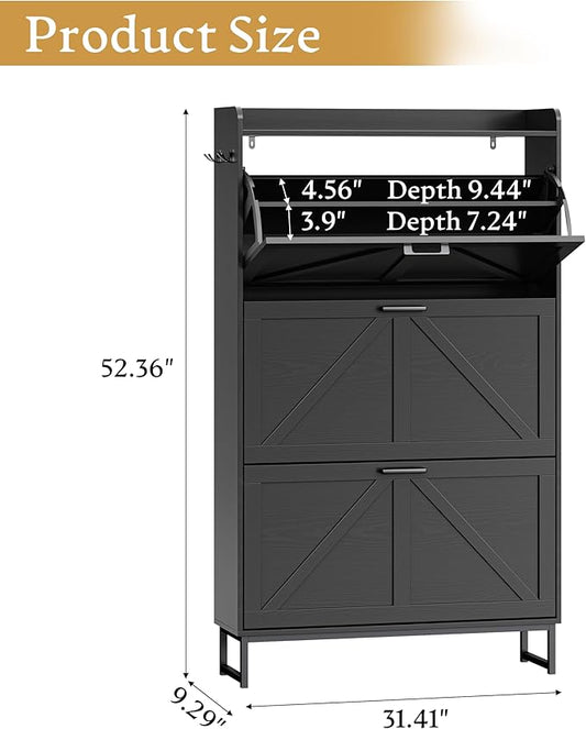 Shoe Cabinet Storage for Entryway, Shoe Storage Cabinet with 3 Flip Drawers, Freestanding Narrow Shoe Rack Organizer with Metal Legs & Side Hook for Foyer, Hallway, Black