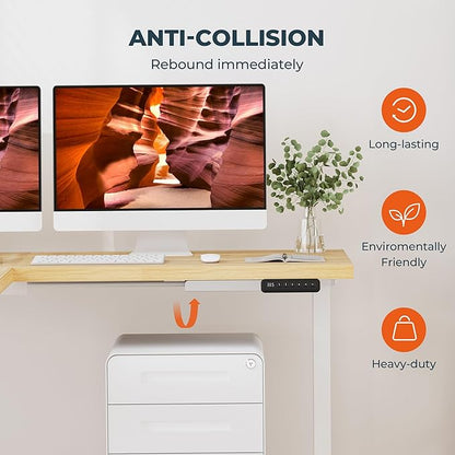 L-Shaped Standing Desk, 63 x 55 Inches Height Adjustable Desk, Sit and Stand up for Work Office Home, Ergonomic Rising Computer Table for Home Office with Splice Board, Maple