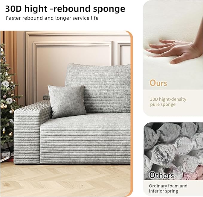 107.5" Cloud Modular Sectional Sofa with L-Shape Chaise, Modern Upholstered Couches for Living Room, Deep Seat Boneless Couch, No Assembly Required, Plush Corduroy Fabric (Grey, Right Facing Chaise)