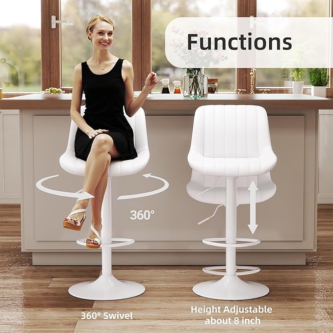 Youhauchair Bar Stools Set of 2, Swivel Counter Height Barstools with Back, Adjustable PU Leather Bar Chairs, Modern Armless Kitchen Island Stool, White