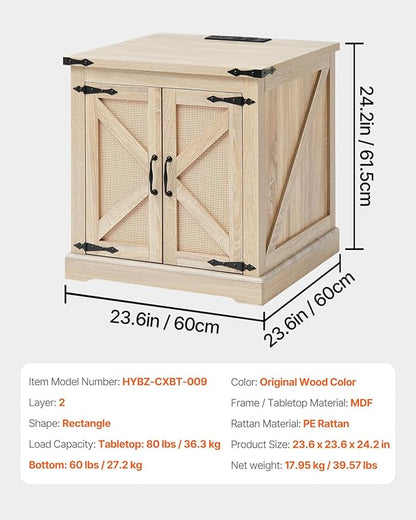 VEVOR Farmhouse End Table, Rectangle PE Rattan Woven Wood Coffee Table, 24-Inch Modern Boho Style Storage Coffee Table with Retro Metal Hinges, for Living Room, Bedroom & Small Spaces