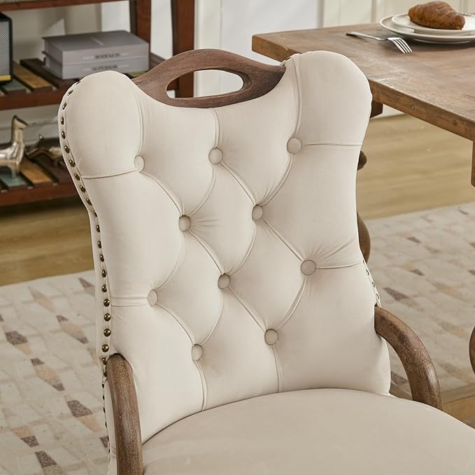 Velvet Dining Chairs Set of 6, Solid Wood Handles, Wooden Upholstered Dining Chair, Vintage Copper Nail Decoration, Mid Century Modern Kitchen Chair (Beige, Set of 6)