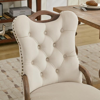 Velvet Dining Chairs Set of 6, Solid Wood Handles, Wooden Upholstered Dining Chair, Vintage Copper Nail Decoration, Mid Century Modern Kitchen Chair (Beige, Set of 6)