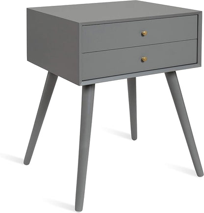 Kate and Laurel Finco Midcentury Modern Style Side Table with 2 Drawers, Gray Finish with Brass Hardware