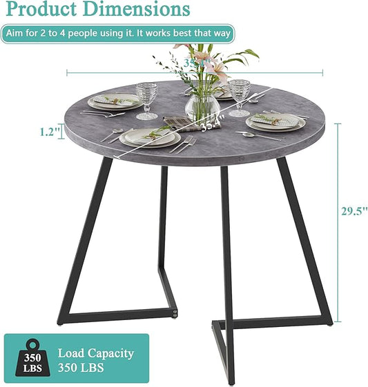 VECELO 35" Round Dining Table for 4, Wood-Grain Tabletop & Heavy-Duty Steel Frame, for Kitchen, Living Room, Easy Assembly, Dark Grey