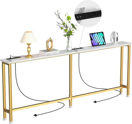 90Inch Console Table with Outlet, Sofa Table with Charger,Skinny Hallway Table, Narrow Entryway Table,Table Behind Sofa,for Living Room,Gold & White