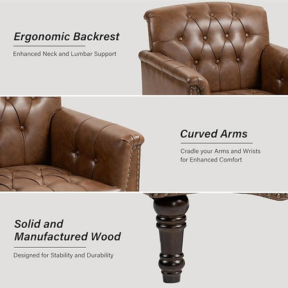 Faux Leather Accent Chair, PU Leather Modern Comfy Upholstered Armchair with Wood Legs & Nailhead Trim for Living Room, Bedroom (Brown,Set of 1)