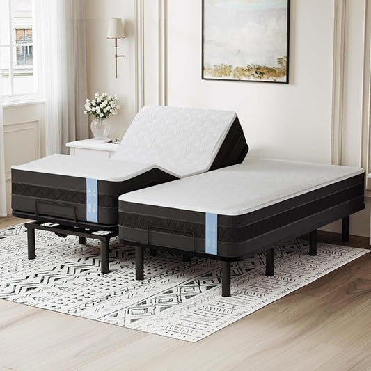 FLEXISPOT Adjustable Bed Frame Base Split King + 12" Cooling Gel Memory Foam Mattress, Massage, Head and Foot Incline, Zero Gravity, Zero Clearance, Under-Bed Lights, Anti-Snore, Wireless Remote