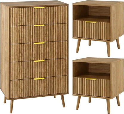 LYNSOM Fluted Dresser and Nightstand Sets 3 Piece, 5-Drawers Dresser and 1-Drawer Nightstands Set of 2, Wood Bedroom Furniture Set for Home, Bedroom, Hallway, Natural Oak