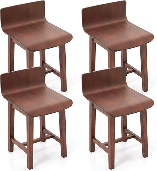 COSTWAY Swivel Solid Wood Dining Stools Set of 4, 19-inch Counter Height Chairs with Low Back, Footrest, Farmhouse Wooden Armless barstools for Kitchen Island, Dining Room, Cafe, Breakfast, Walnut