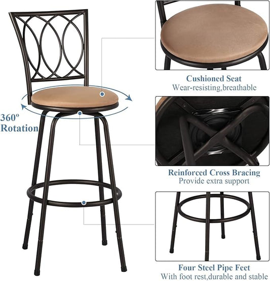VECELO Barstools, Adjustable Counter Stools, Steel Bar Stools with 360 Degree Swivel Seat and Upholstered, Curved Line Backrest,