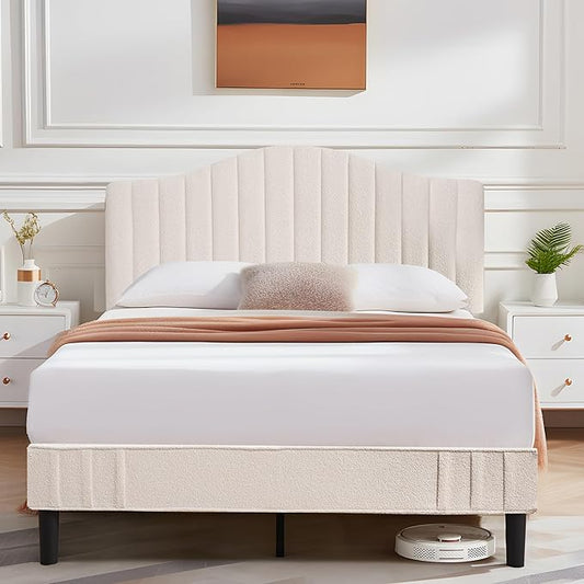 VECELO Full Size Beds Upholstered Platform Bed Frame with Height-Adjustable Teddy Fabric Headboard/Strong Wood Slats Supports / 7.9'' Under Bed Storage Space/Noise Free/No Box Spring Needed, Cream