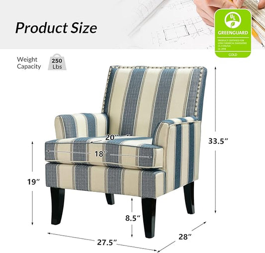 HULALA HOME Modern Accent Chair with Arms and Wooden Legs, Mid Century Accent Chair Armchair High Back Rest, Padded Armrest and Comfortable Cushioned Seat for Living Room (Stripe Blue)