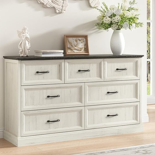 Farmhouse 7 Drawer Dresser for Bedroom, 55 Inch Wide Modern White Dresser TV Stand with Large Drawers & Bar Handles, Rustic Wood Chest of Drawers for Bedroom, Living Room