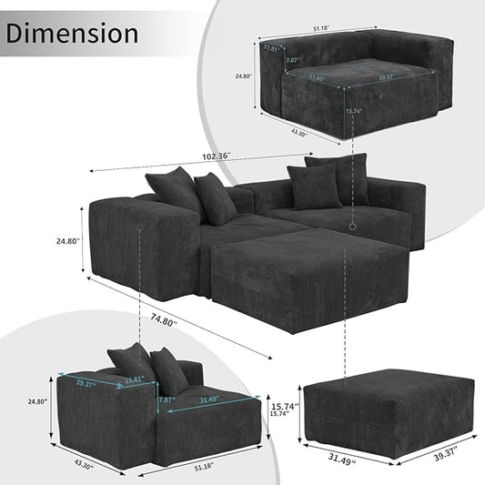 WJShome Cloud Couch Modular Sectional Sofa,102inch L Shaped Sofa with Ottoman,Black 3 Seater Corduroy Couch,Convertible Sectional Sofa for Living Room,Cushion Covers Removable& Washable