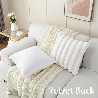 FUTEI Cream White Decorative Throw Pillow Covers 18x18 Inch Set of 2, Square Soft Faux Rabbit Fur Thick Striped Cushion Cover,Winter Home Decor for Couch Bed Living Room
