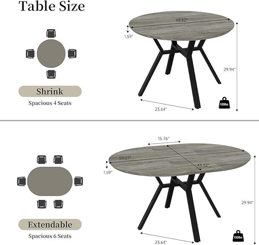 43.3"-59.1" Extendable Round Dining Table for 4-6 People, Modern Kitchen Oval Dining Table with Flexible Leaves Space Saving, Metal Base for Kitchen Dining Room (Grey)