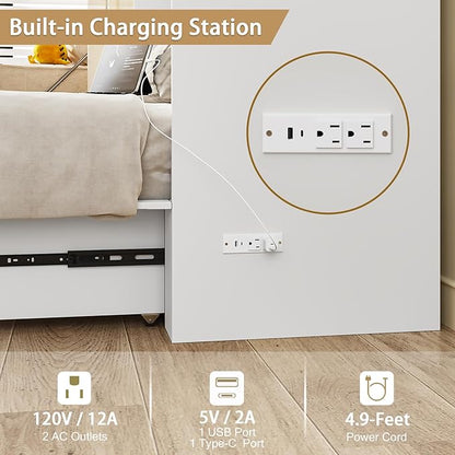 Queen Murphy Bed with Storage & Charging Station, Murphy Cabinet with Foldable Panel, Noisy Free, for Guest Bedroom, Living Room, Office, Distressed White