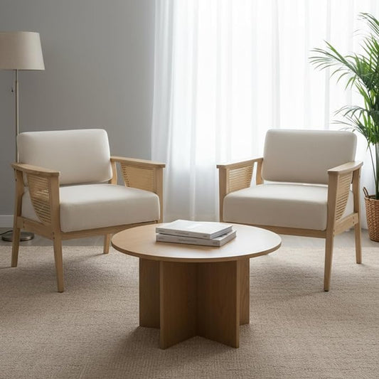 Mid Century Modern Accent Chair Set of 2, Rattan Armchair with Wood Legs Living Room Chair Linen Upholstered Lounge Chair for Bedroom Reading Room, Beige