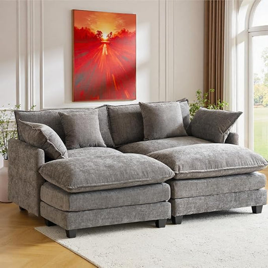 Expandable L-Shaped Sectional Sofa with Ottoman for Apartments, 77" Cloud Chenille Sofa, Create a U-Shape Layout with Optional 2nd Ottoman, Solid Wood Frame, Easy Assembly