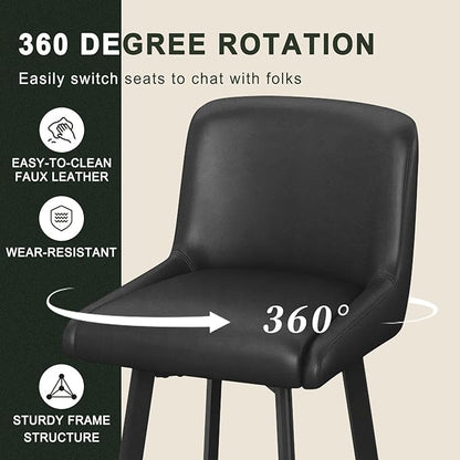Swivel Bar Stools, 26''H Upholstered Barstools with Backs, Modern Counter Height Bar Stool Chairs for Kitchen Island, Metal Legs (Black- Faux Leather, Set of 6-26" H)