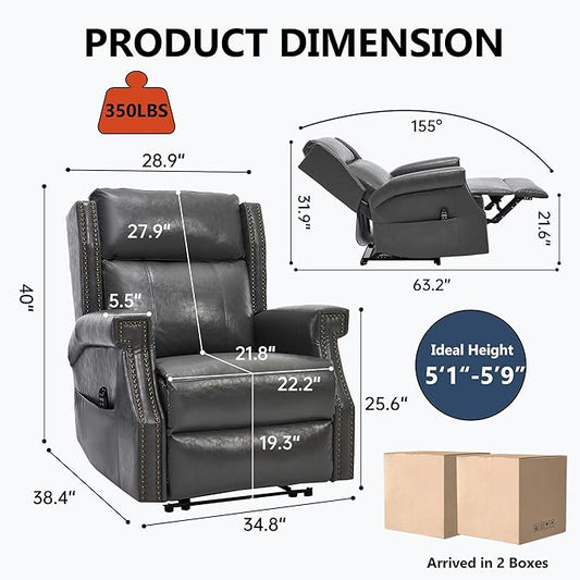 Manual Recliner Chair with Massage & Lumbar Heat, Breathable Leather Reclining Chair for Adults, Humanized Design Easy to Install Living Room Recliners Grey