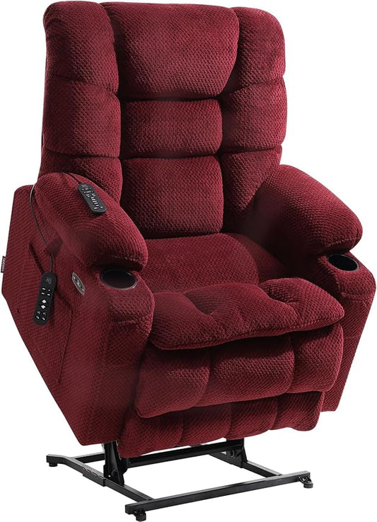 EONIX Dual Motor Wide Power Lift Recliner Chair for Elderly, Oversized Lay Flat Lift Chair with Heat and Massage and Cup Holders, 400lbs Heavy Duty Big and Tall Lift Recliner, Burgundy