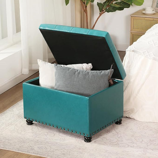 Leather Storage Ottoman Bench with Nailhead Trim Chests, Rectangle 24 Inch Foot Rest Ottomans Stool for Living Room Bedroom (Teal Blue)